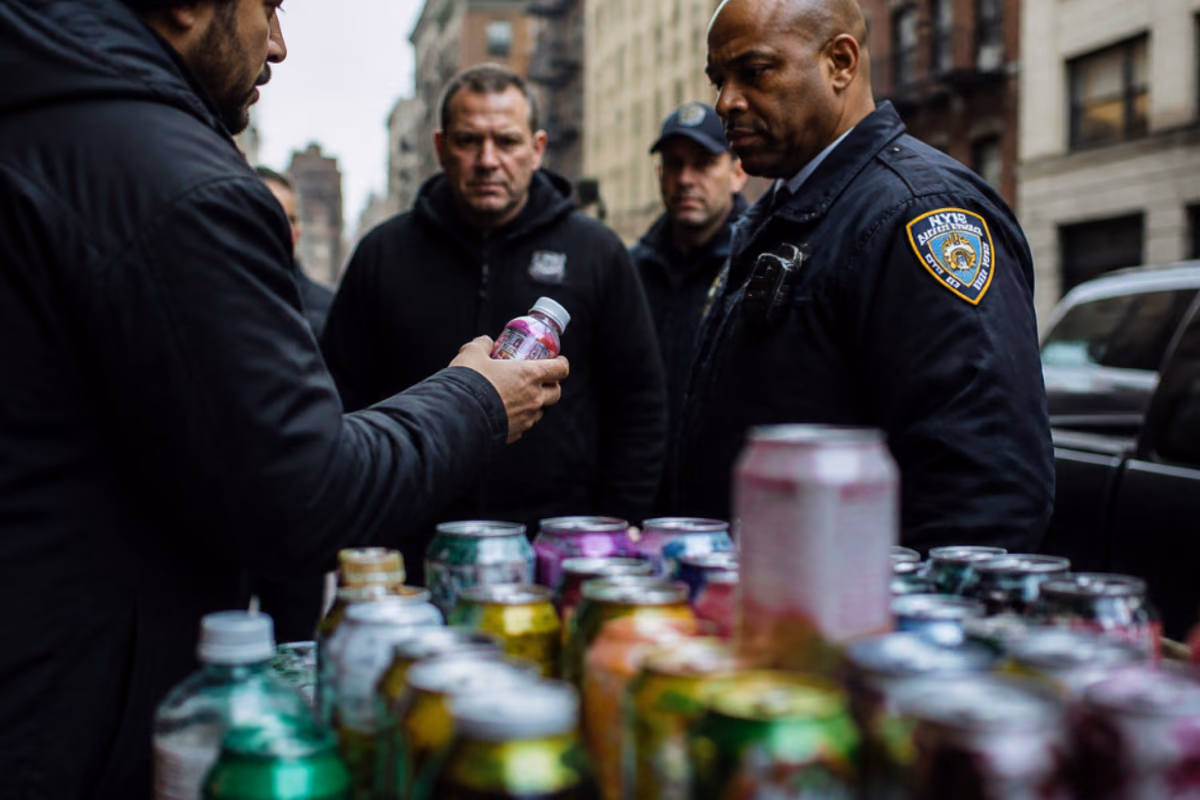 Polizisten in New York begutachten Getränke an einem Straßenstand mit bunten Dosen und Flaschen