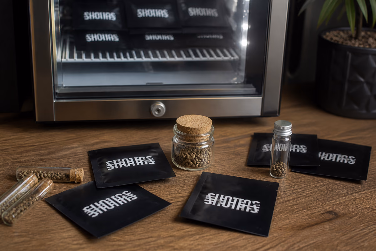 Cannabissamen in Glasgefäß, Korkröhrchen und schwarzen Tütchen vor einem Minikühlschrank mit Glastür