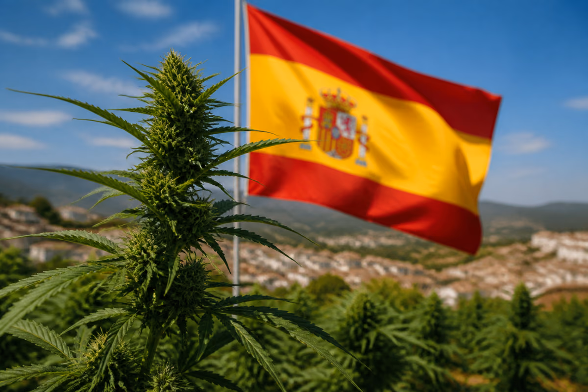 Blühende Cannabispflanze vor wehender spanischer Flagge und einem weißen Dorf in den Hügeln
