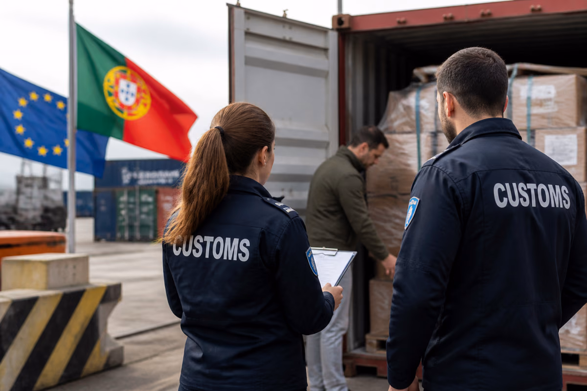 Zollbeamte beobachten einen Mann, der Kartons in einem Container prüft, vor Flaggen Portugals und der EU